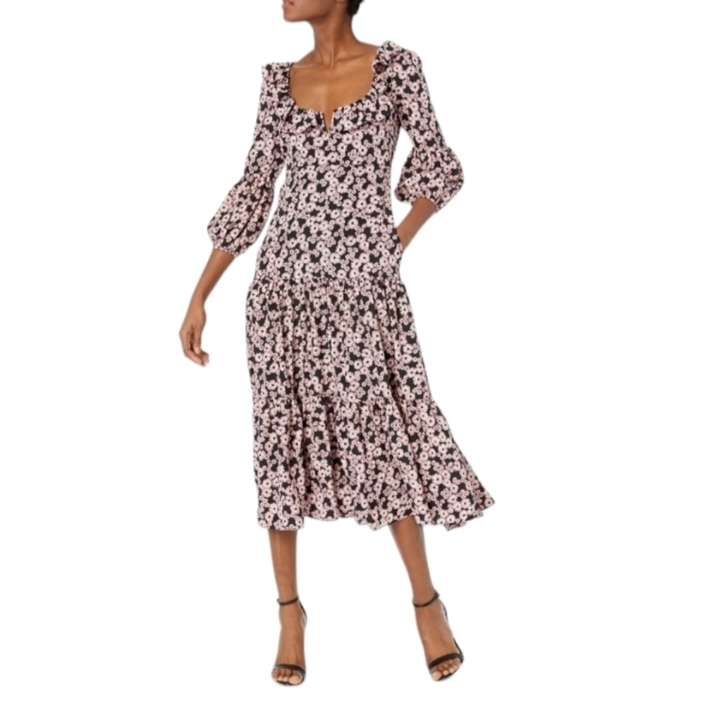 Likely black pink Bella Floral Print Midi Dress Prarie croquet Cottagecore Bridg - Picture 1 of 16